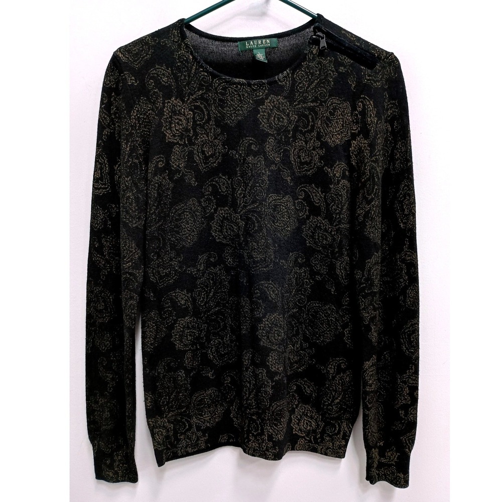 Lauren Ralph Lauren Sweater Womens Large Black Gold Floral Paisley Metallic Knit